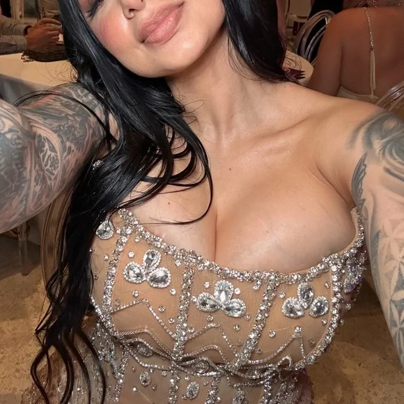 High End Gorgeous Crystal Champagne Side Slit Dress - Picture 6 of 7